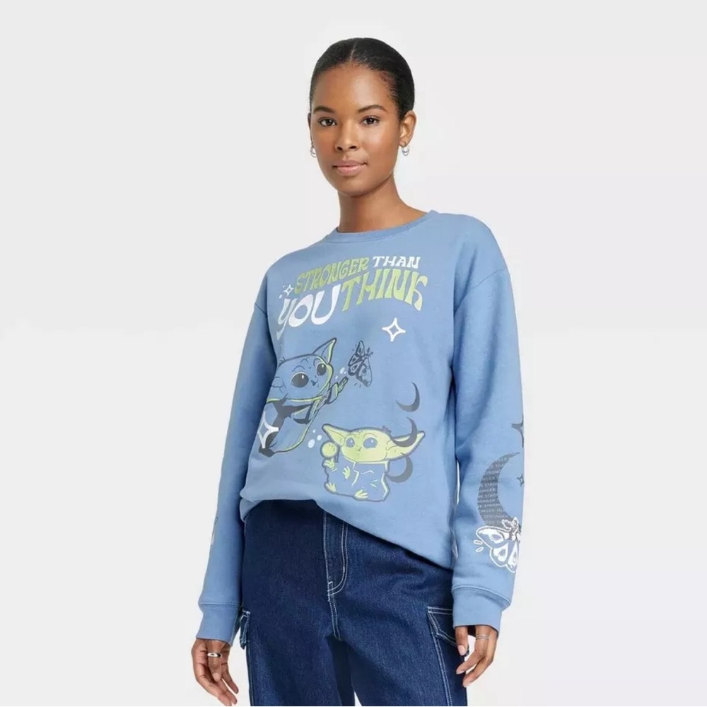 Star Wars Mandalorian Baby Yoda Grogu Blue Crewneck Pullover Sweater Women's Med